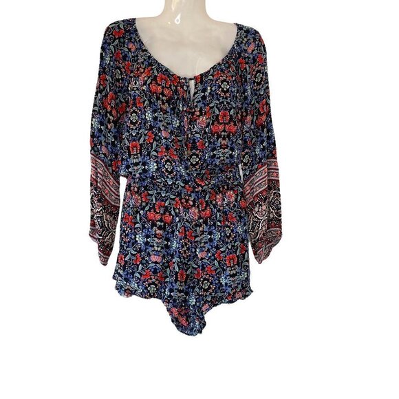 American Eagle Peasant Romper Blue and Red Floral Print - Picture 1 of 7